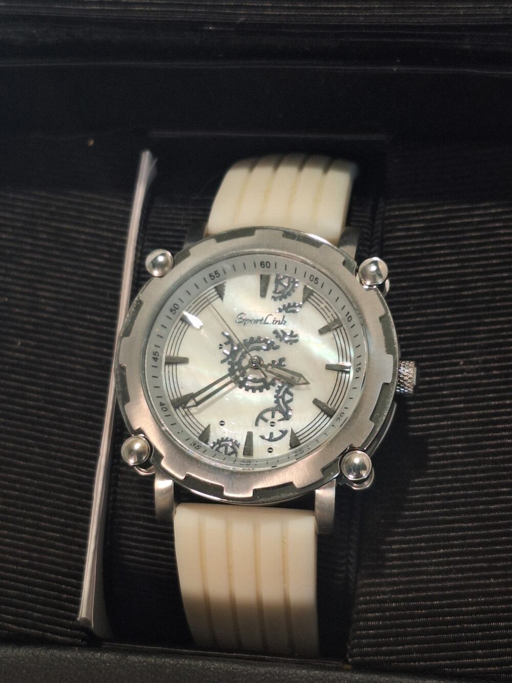 SportLink Skeleton Gear Watch White Band Analog Quartz Mens w/ Box & Manual NIB